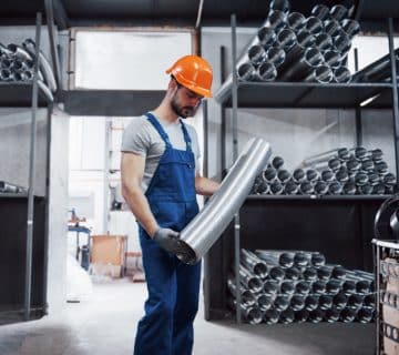 portrait young worker hard hat large metalworking plant